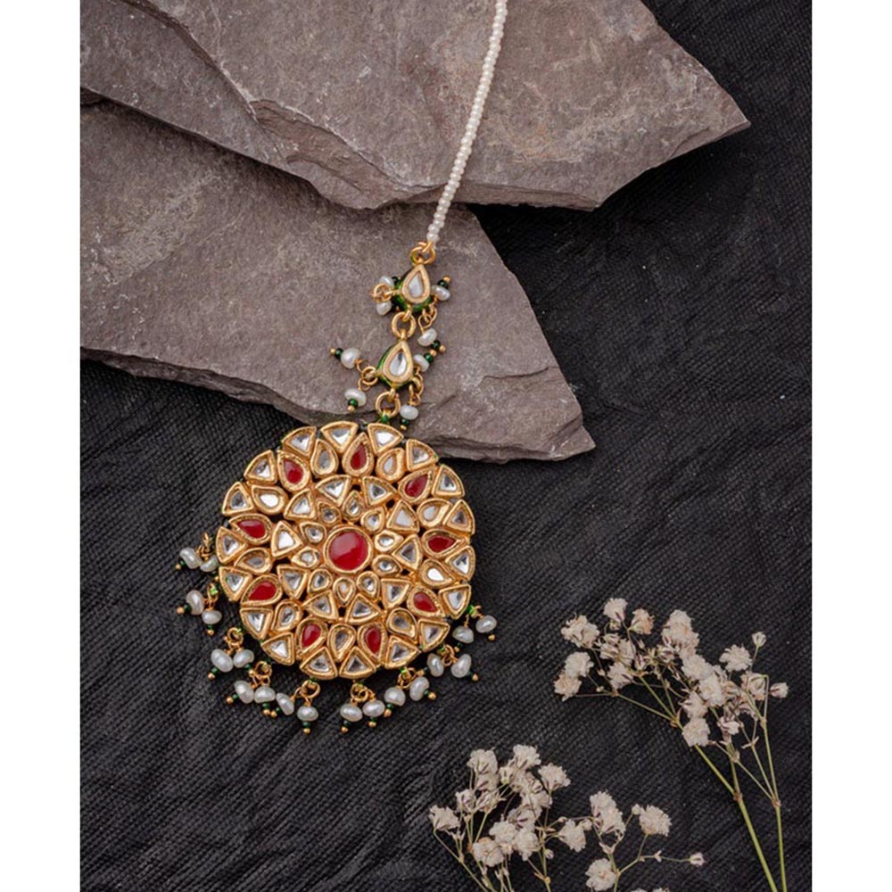 VIVINIA By Vidhi Mehra Gold Plated Red Womens Kundan Polki Maangtikka