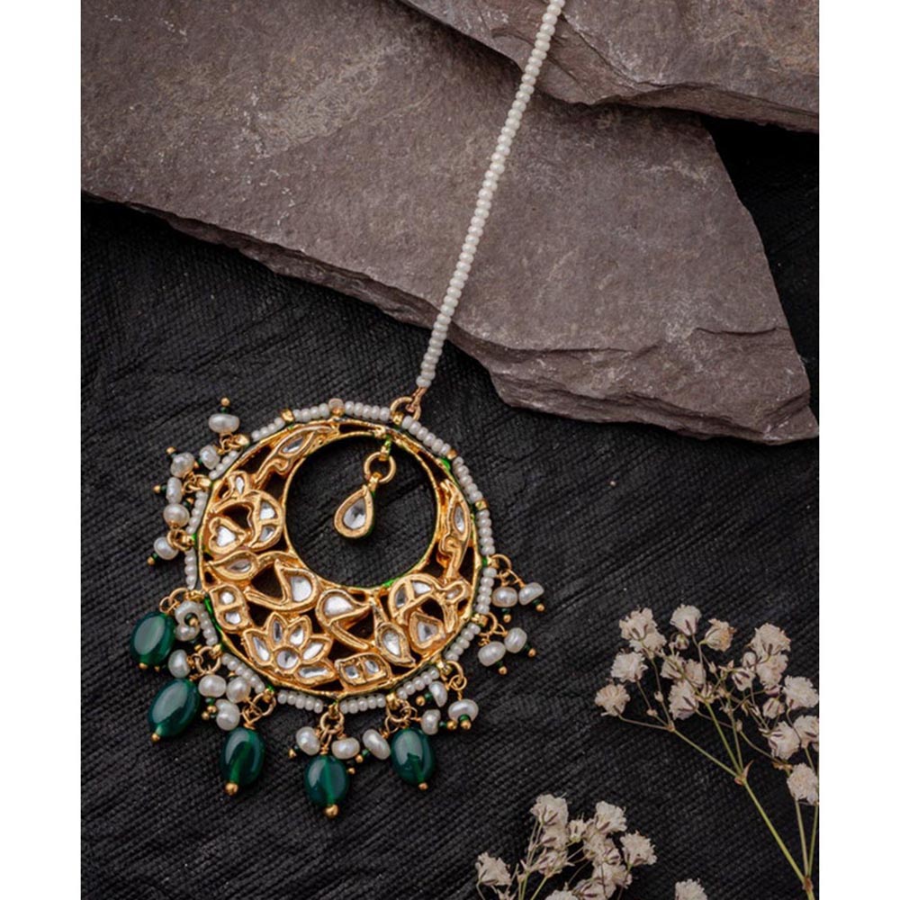 VIVINIA By Vidhi Mehra Gold Plated Green Womens Kundan Polki Maangtikka