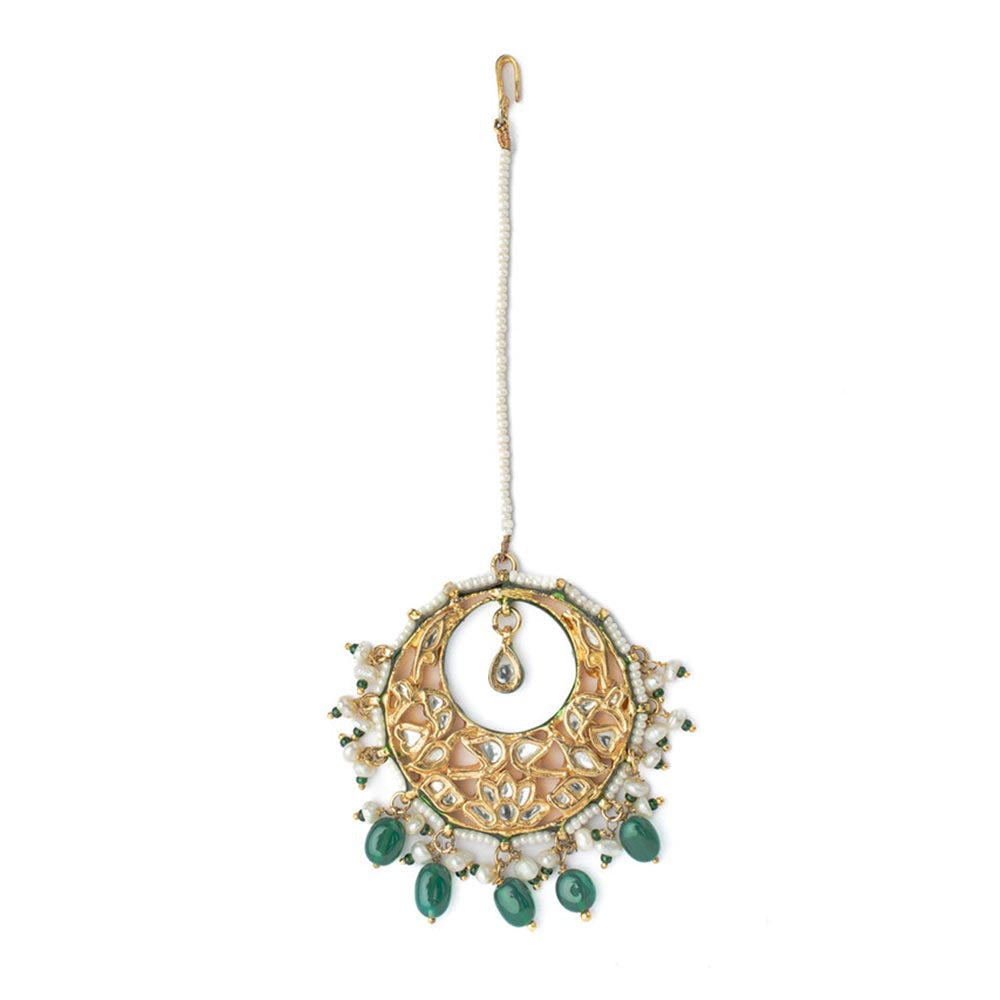 VIVINIA By Vidhi Mehra Gold Plated Green Womens Kundan Polki Maangtikka