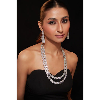 VIVINIA By Vidhi Mehra Silver Plated Womens Zircon Long Necklace Set With Earrings