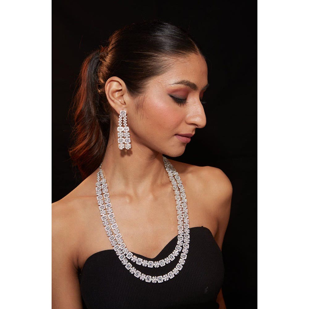 VIVINIA By Vidhi Mehra Silver Plated Womens Zircon Long Necklace Set With Earrings