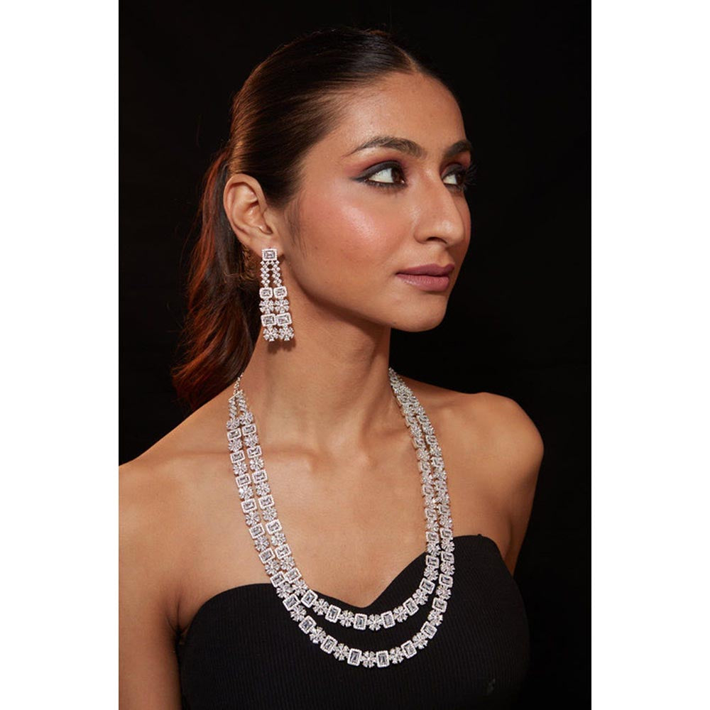 VIVINIA By Vidhi Mehra Silver Plated Womens Zircon Long Necklace Set With Earrings