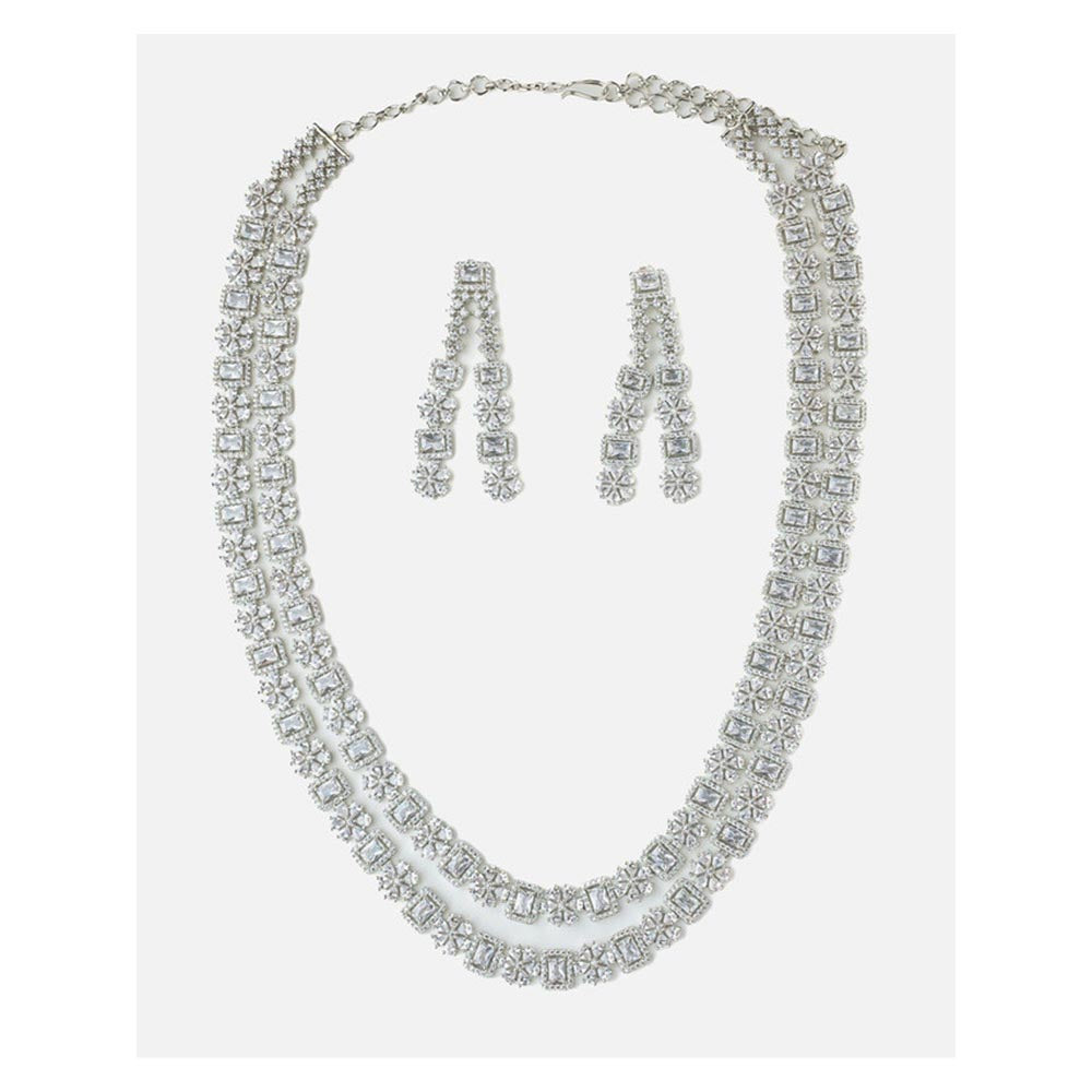 VIVINIA By Vidhi Mehra Silver Plated Womens Zircon Long Necklace Set With Earrings