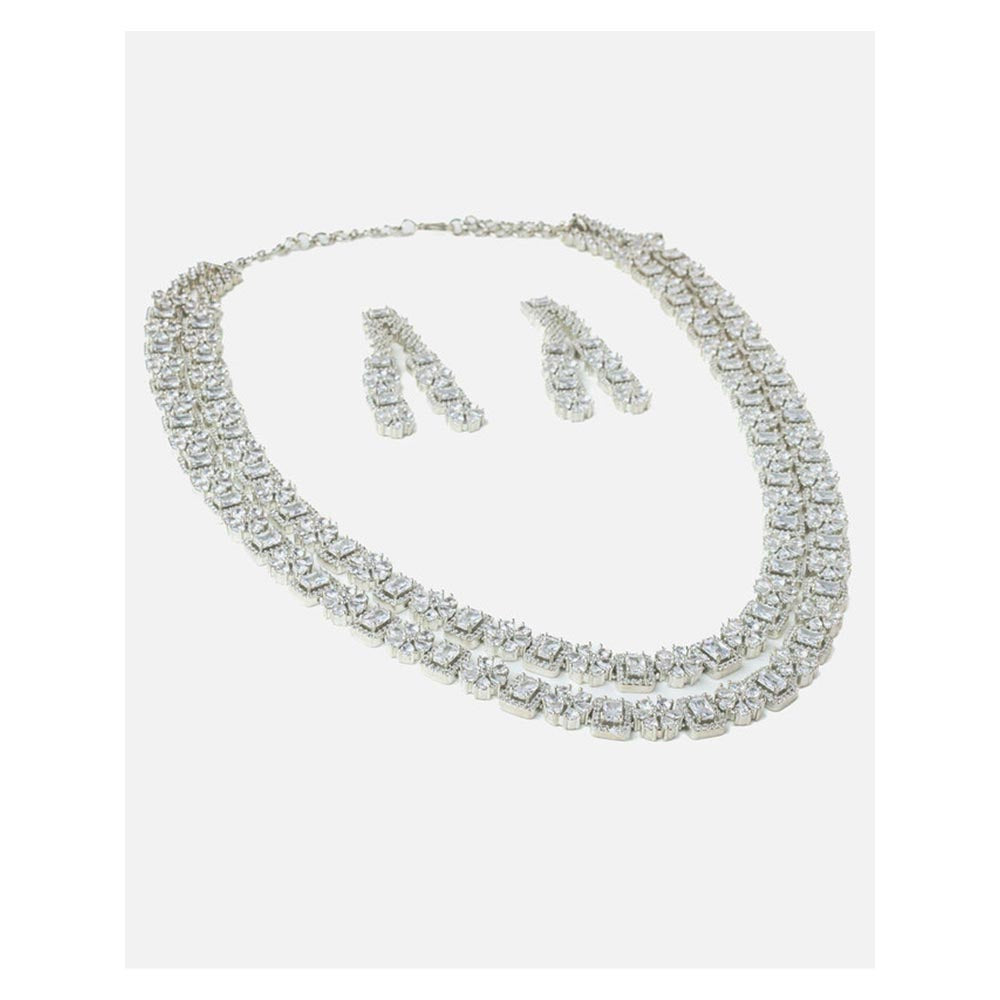 VIVINIA By Vidhi Mehra Silver Plated Womens Zircon Long Necklace Set With Earrings
