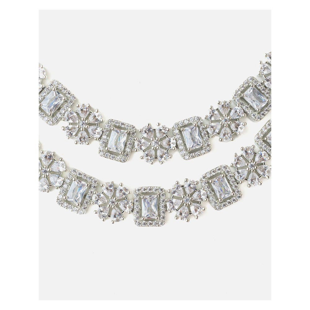 VIVINIA By Vidhi Mehra Silver Plated Womens Zircon Long Necklace Set With Earrings