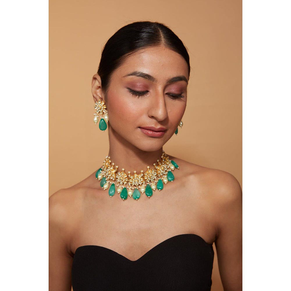 VIVINIA By Vidhi Mehra Gold Plated Green Womens Pearl Choker Necklace Set With Earrings