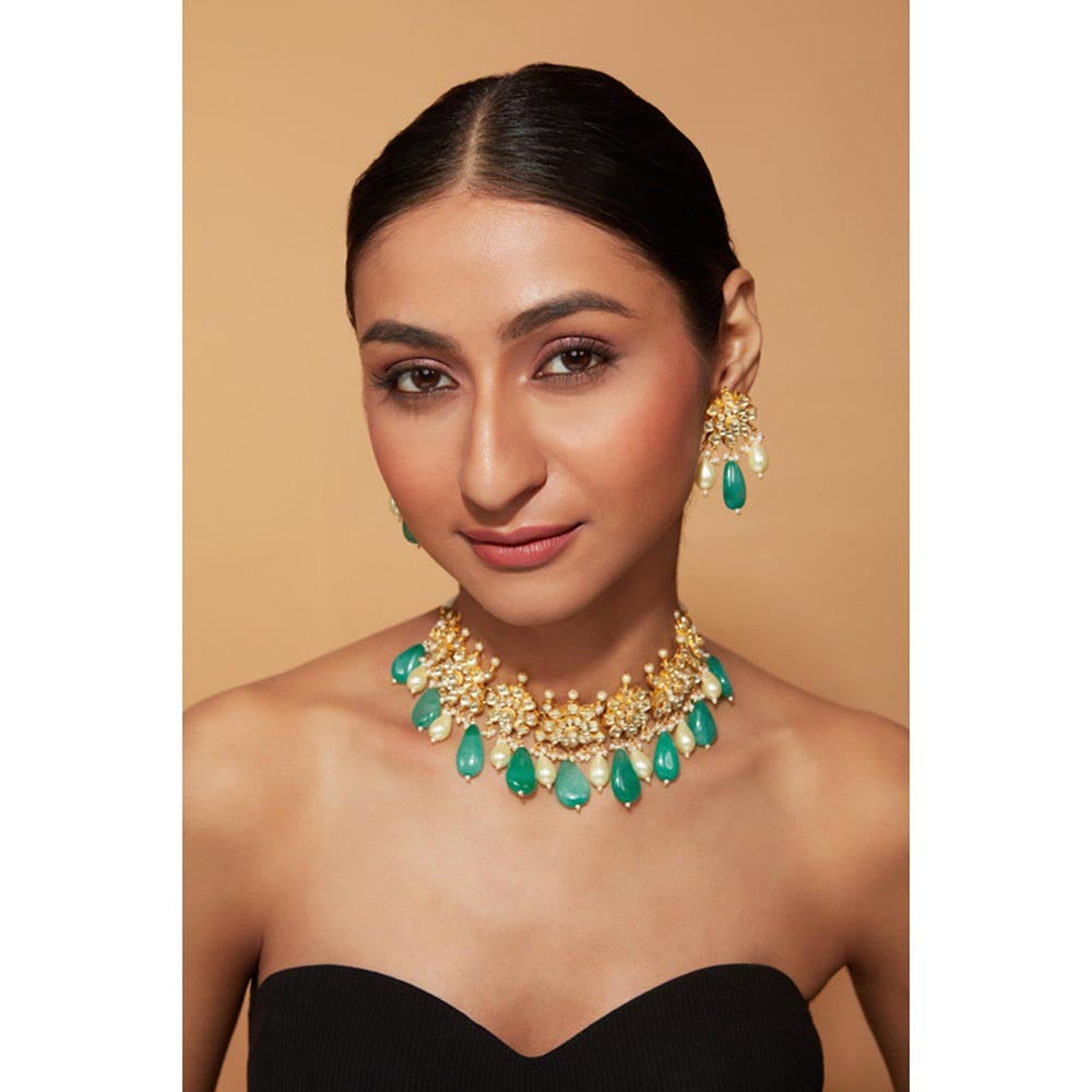 VIVINIA By Vidhi Mehra Gold Plated Green Womens Pearl Choker Necklace Set With Earrings