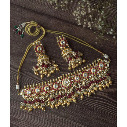 VIVINIA By Vidhi Mehra Gold Plated Red Womens Beads Choker Necklace Set With Earrings