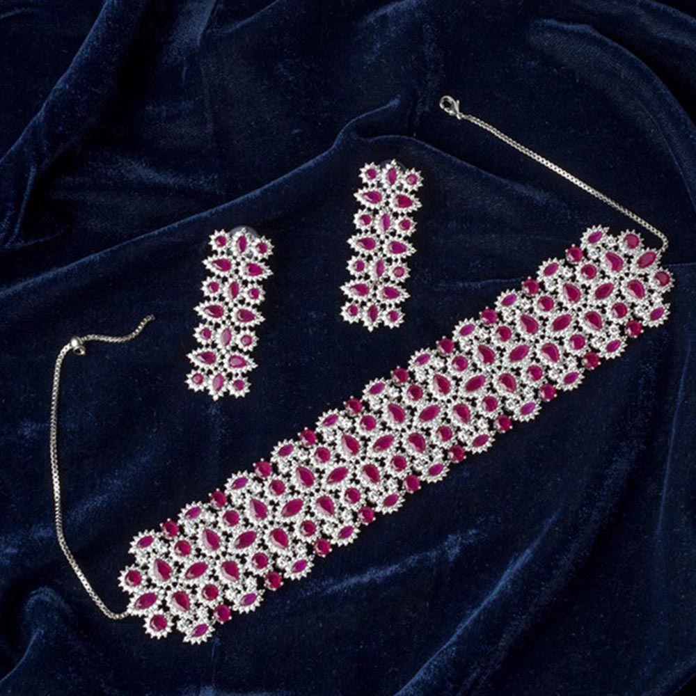 VIVINIA By Vidhi Mehra Silver Plated Pink Womens Zircon Choker Necklace Set With Earrings