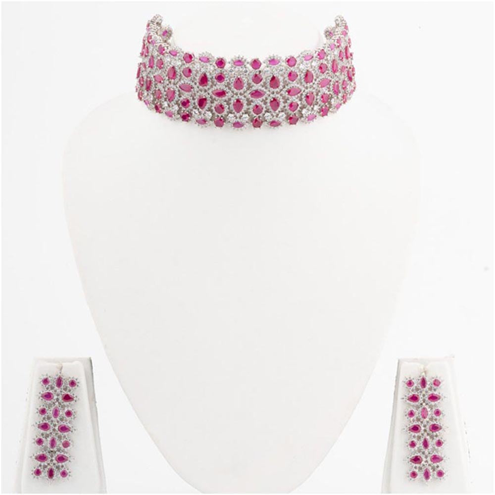 VIVINIA By Vidhi Mehra Silver Plated Pink Womens Zircon Choker Necklace Set With Earrings