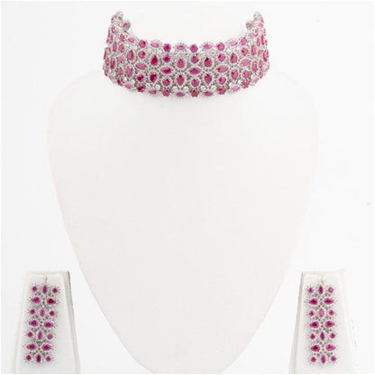 VIVINIA By Vidhi Mehra Silver Plated Pink Womens Zircon Choker Necklace Set With Earrings