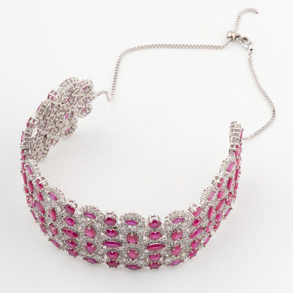VIVINIA By Vidhi Mehra Silver Plated Pink Womens Zircon Choker Necklace Set With Earrings