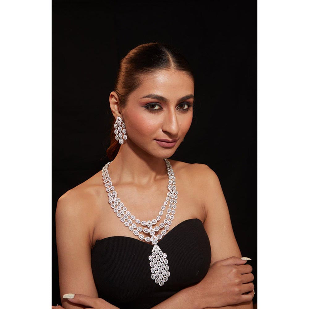 VIVINIA By Vidhi Mehra Silver Plated Womens Zircon Short Necklace Set With Earrings