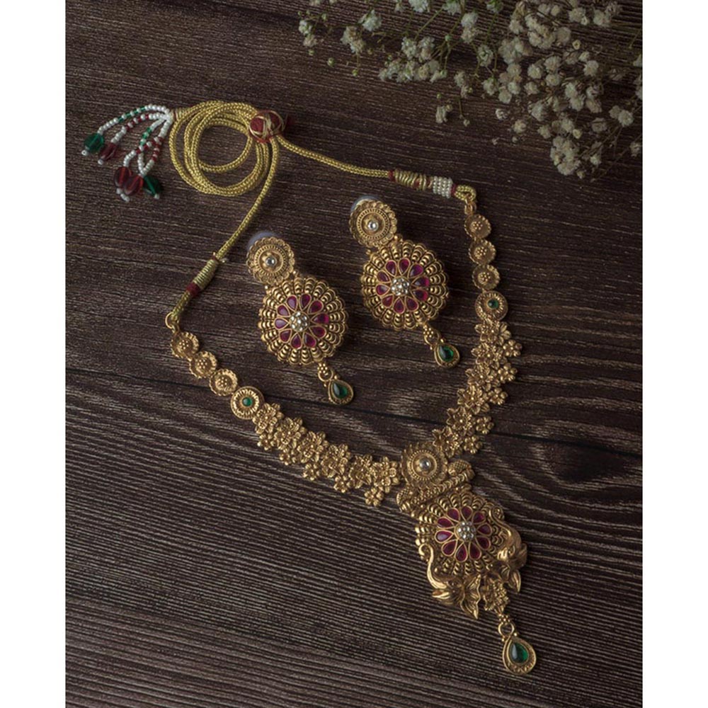 VIVINIA By Vidhi Mehra Gold Plated Red Womens Temple Short Necklace Set With Earrings