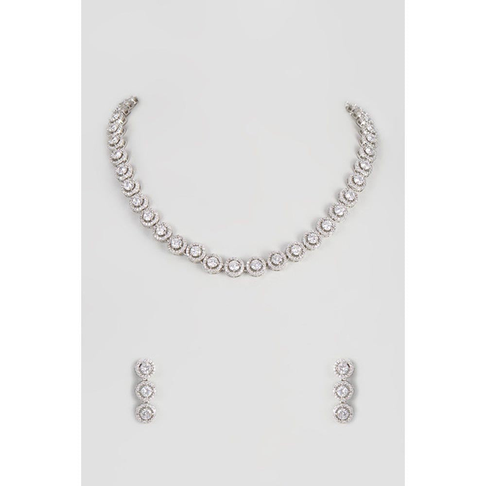 VIVINIA By Vidhi Mehra Silver Plated Womens Zircon Short Necklace Set With Earrings