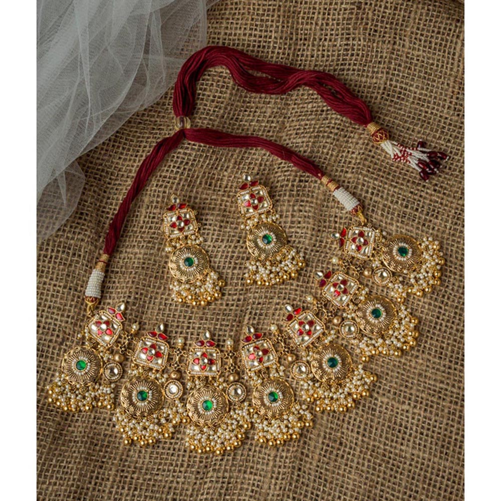 VIVINIA By Vidhi Mehra Gold Plated Green Womens Kundan Polki Necklace Set With Earrings