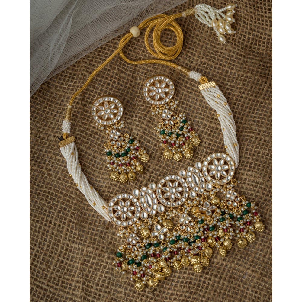 VIVINIA By Vidhi Mehra Gold Plated Green Womens Kundan Polki Necklace Set With Earrings