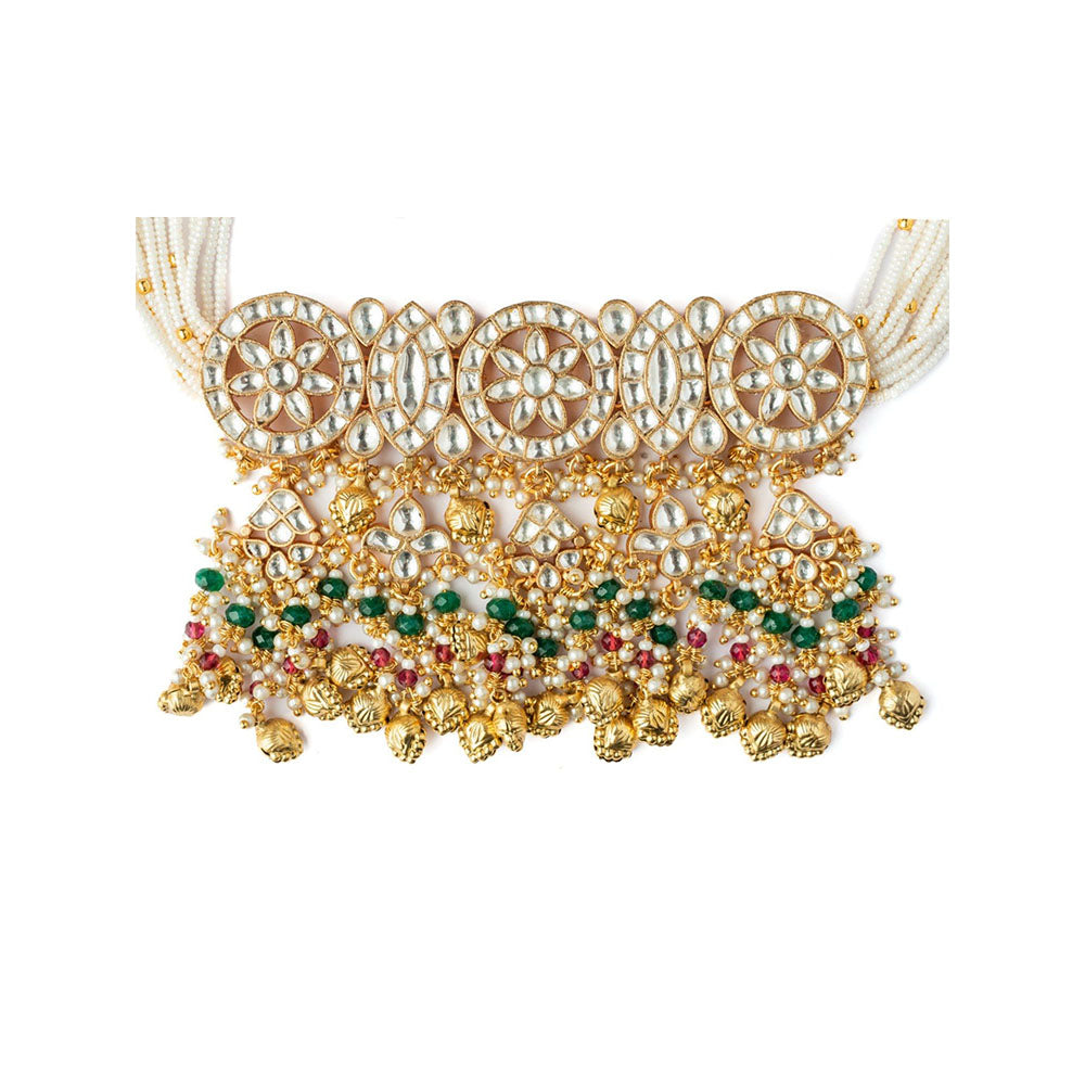 VIVINIA By Vidhi Mehra Gold Plated Green Womens Kundan Polki Necklace Set With Earrings