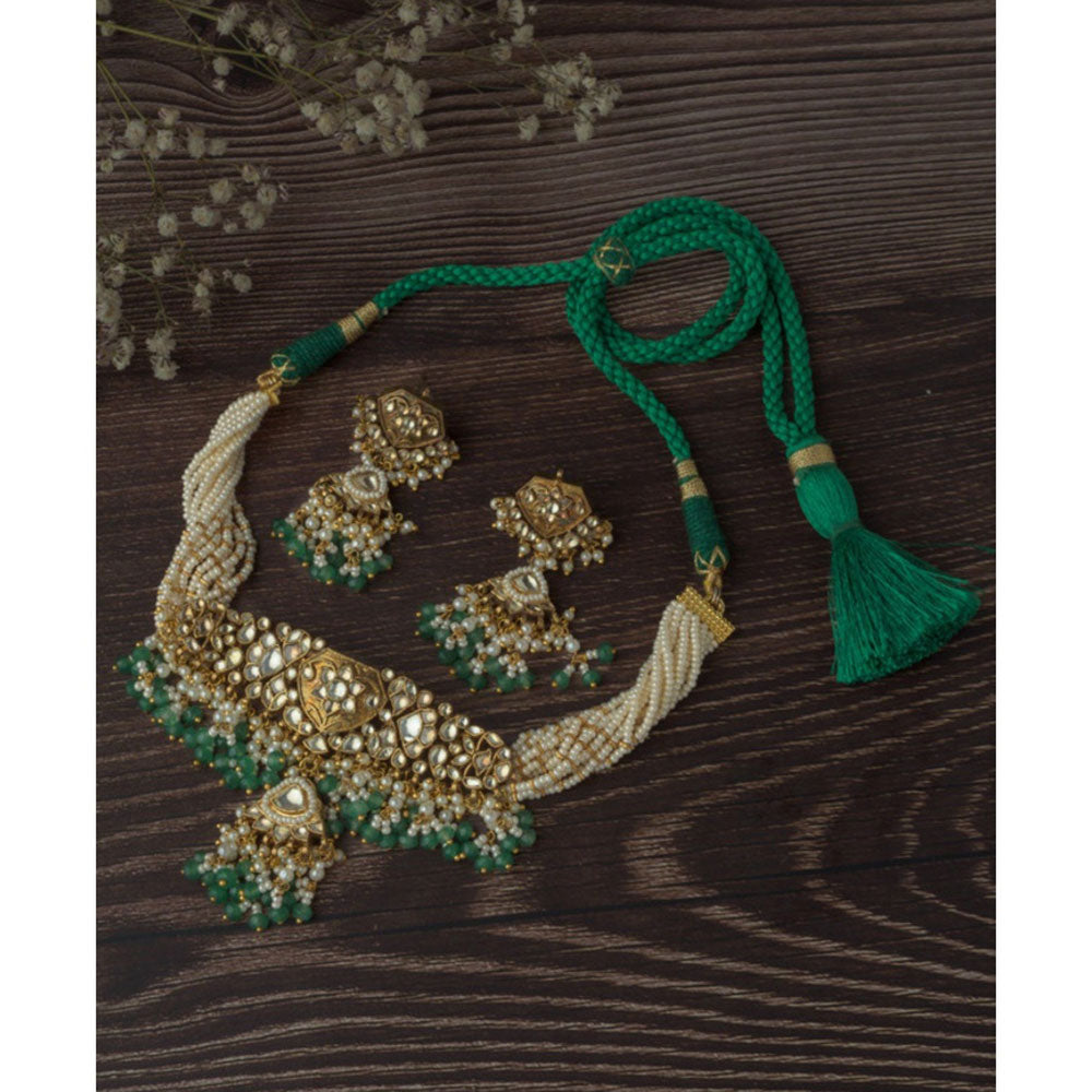 VIVINIA By Vidhi Mehra Gold Plated Green Womens Choker Necklace Set With Earrings