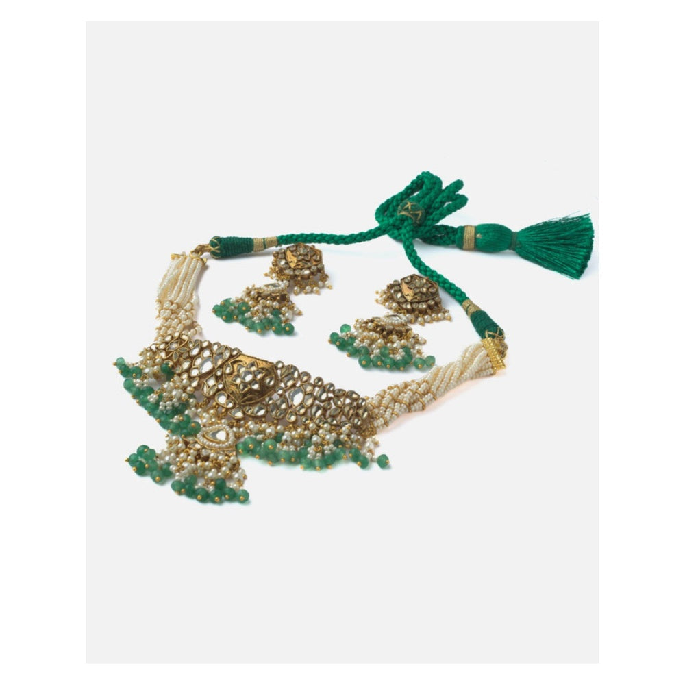 VIVINIA By Vidhi Mehra Gold Plated Green Womens Choker Necklace Set With Earrings