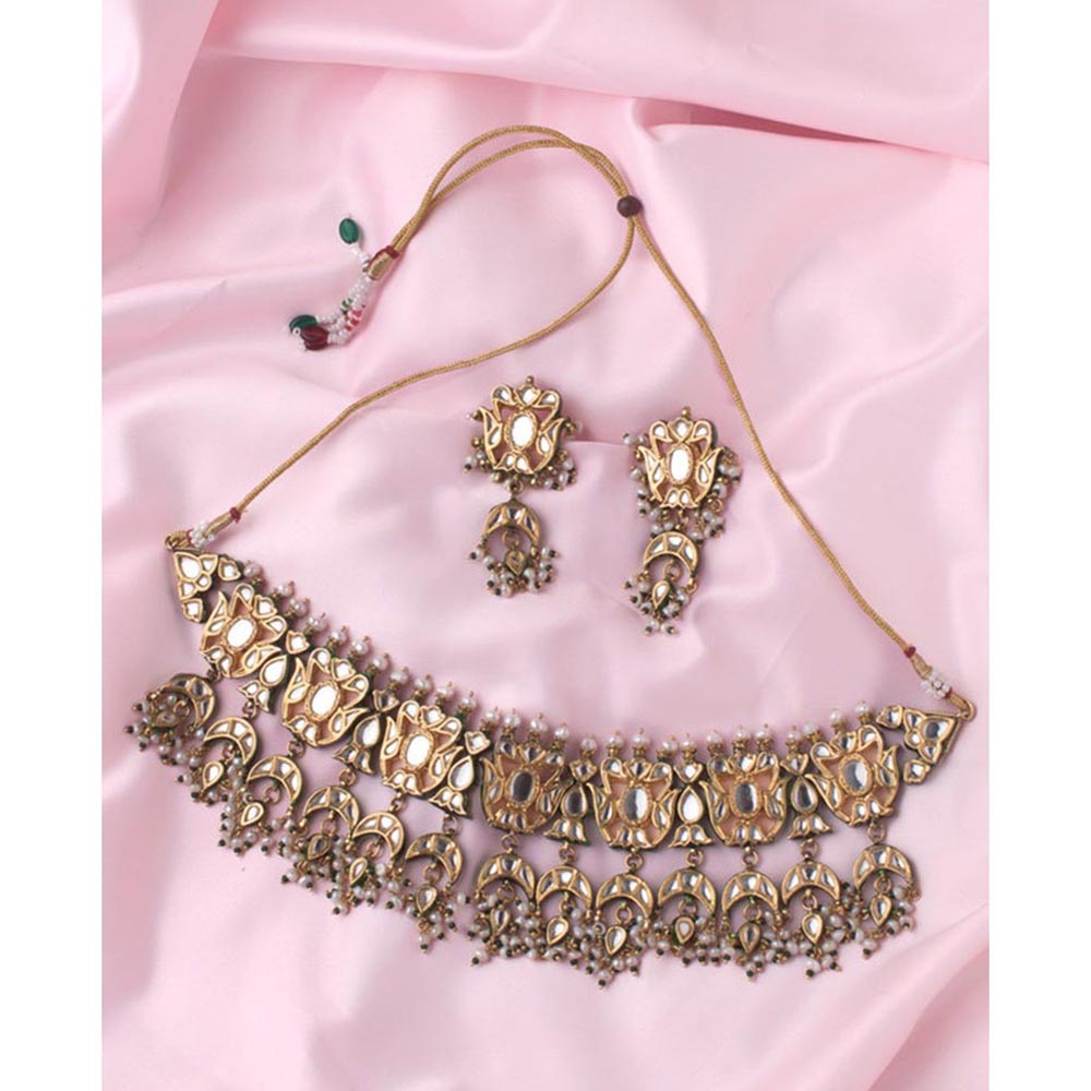 VIVINIA By Vidhi Mehra Saadgi Gold Plated Green Womens Short Necklace Set With Earrings