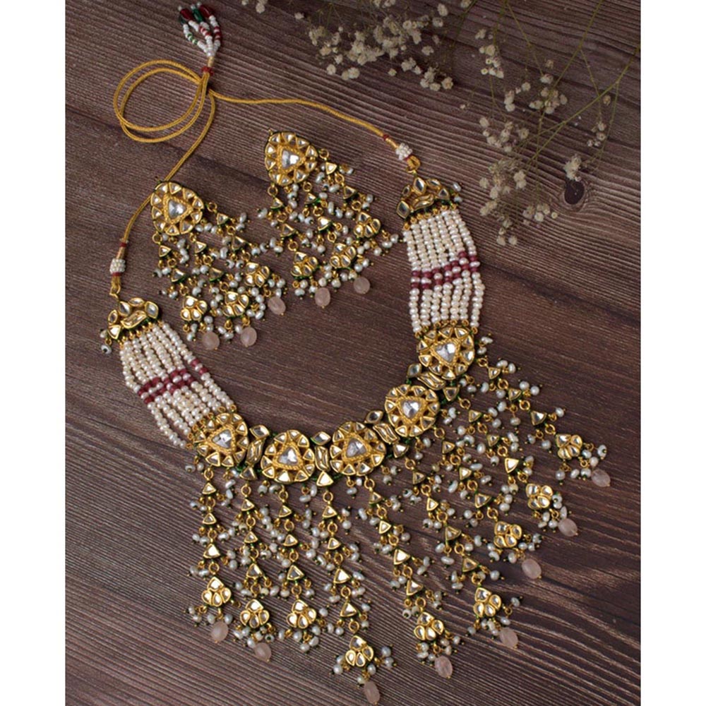 VIVINIA By Vidhi Mehra Saadgi Gold Plated Green Womens Choker Necklace Set With Earrings