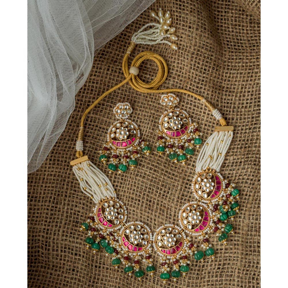VIVINIA By Vidhi Mehra Gold Plated Multicolored Womens Kundan Polki Necklace Set With Earrings