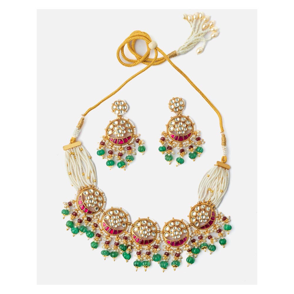 VIVINIA By Vidhi Mehra Gold Plated Multicolored Womens Kundan Polki Necklace Set With Earrings