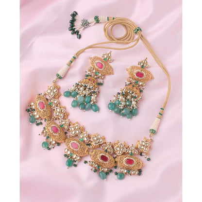 VIVINIA By Vidhi Mehra Saadgi Gold Plated Green Womens Choker Necklace Set With Earrings