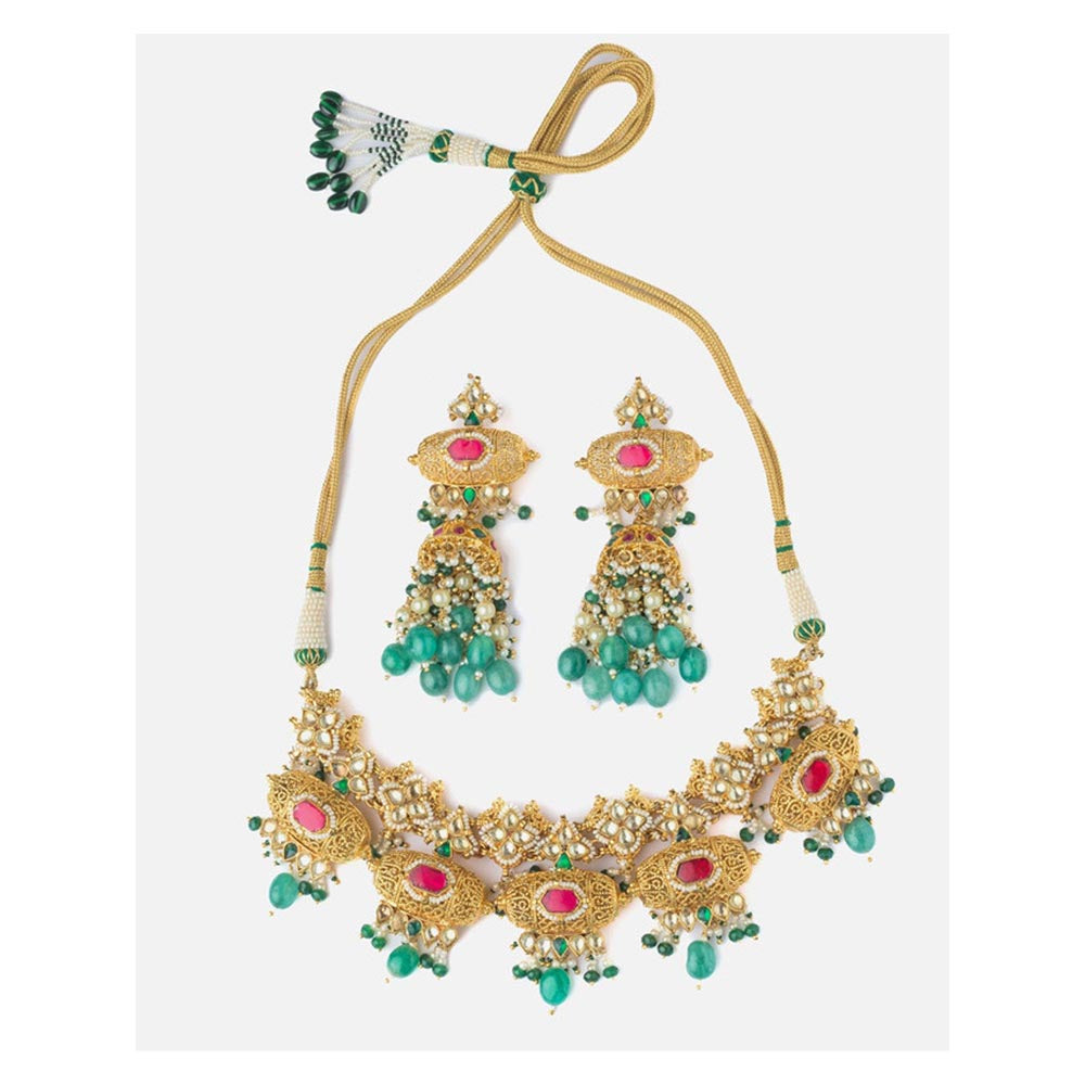 VIVINIA By Vidhi Mehra Saadgi Gold Plated Green Womens Choker Necklace Set With Earrings