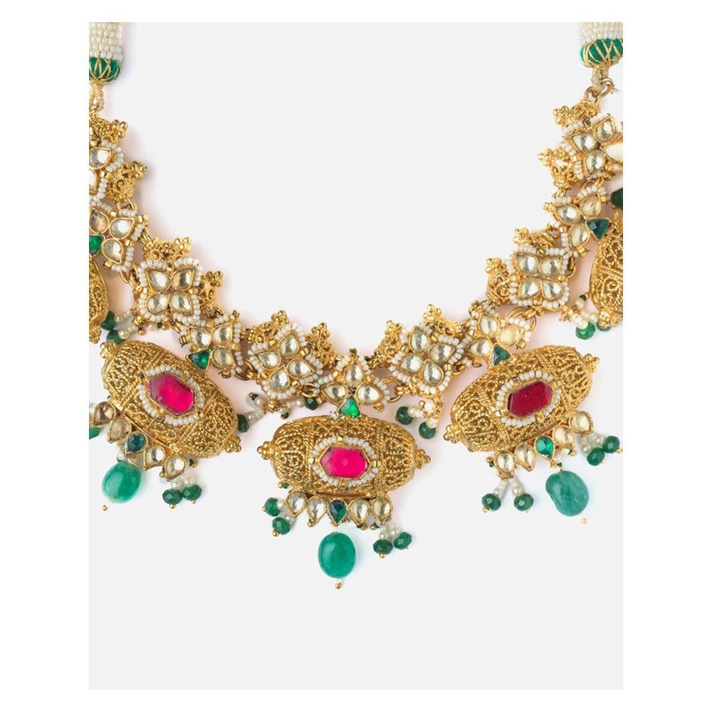 VIVINIA By Vidhi Mehra Saadgi Gold Plated Green Womens Choker Necklace Set With Earrings