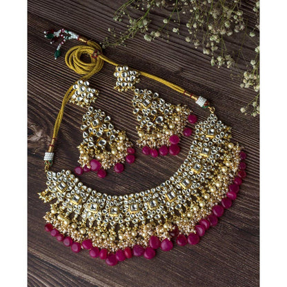 VIVINIA By Vidhi Mehra Gold Plated Pink Womens Kundan Short Necklace Set With Earrings