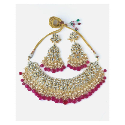 VIVINIA By Vidhi Mehra Gold Plated Pink Womens Kundan Short Necklace Set With Earrings