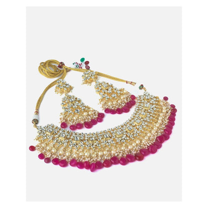 VIVINIA By Vidhi Mehra Gold Plated Pink Womens Kundan Short Necklace Set With Earrings