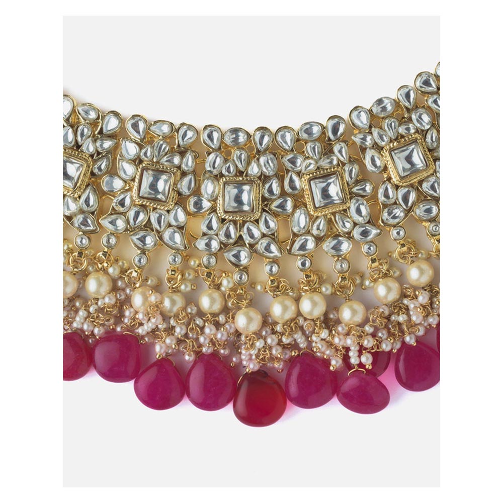 VIVINIA By Vidhi Mehra Gold Plated Pink Womens Kundan Short Necklace Set With Earrings
