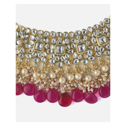 VIVINIA By Vidhi Mehra Gold Plated Pink Womens Kundan Short Necklace Set With Earrings