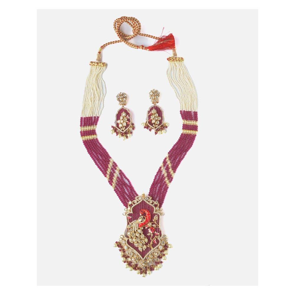 VIVINIA By Vidhi Mehra Gold Plated Red And White Womens Beads Long Necklace Set With Earrings
