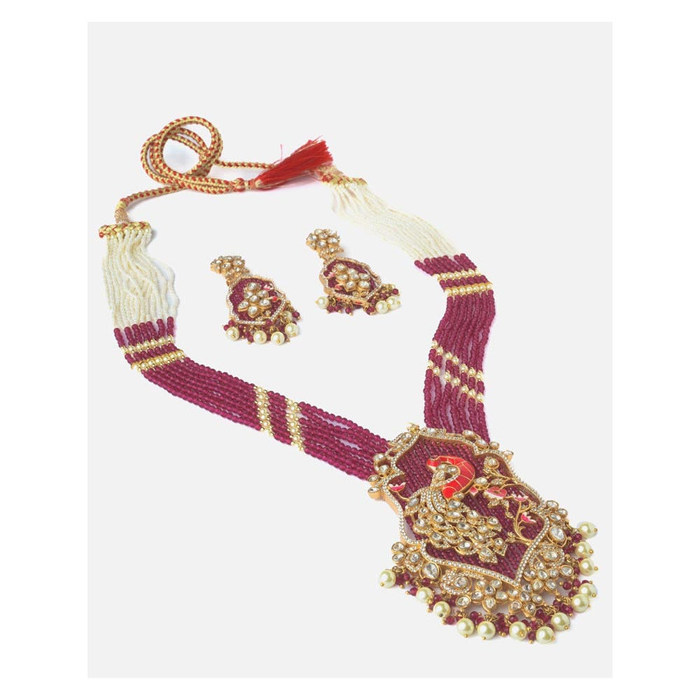 VIVINIA By Vidhi Mehra Gold Plated Red And White Womens Beads Long Necklace Set With Earrings