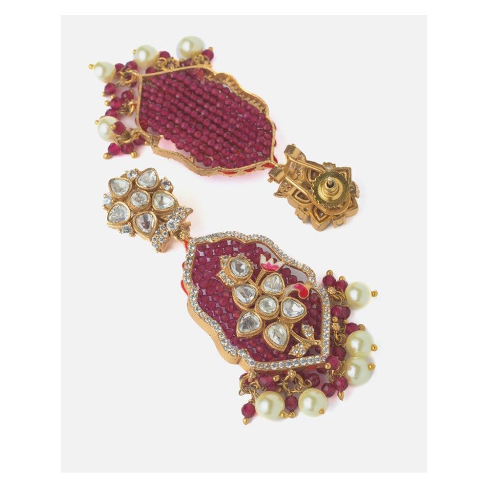 VIVINIA By Vidhi Mehra Gold Plated Red And White Womens Beads Long Necklace Set With Earrings