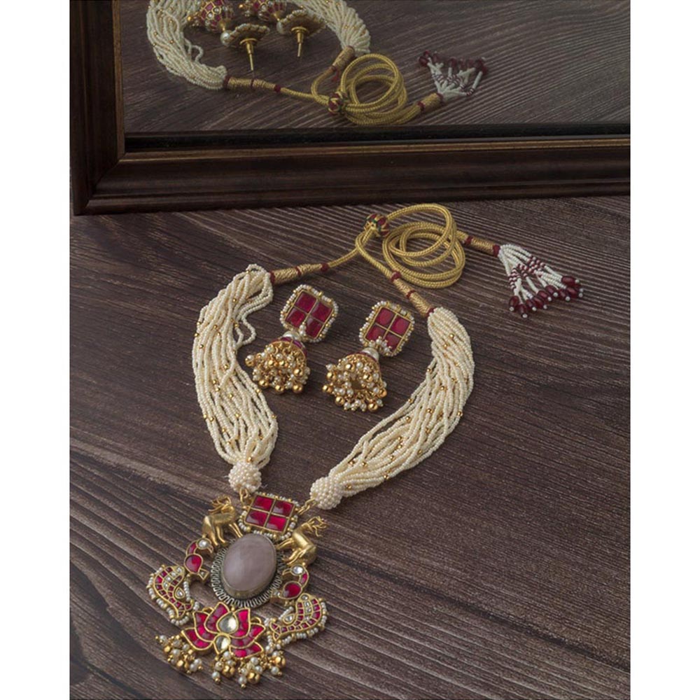 VIVINIA By Vidhi Mehra Gold Plated Red Womens Long Necklace Set With Earrings