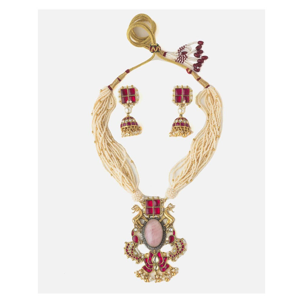 VIVINIA By Vidhi Mehra Gold Plated Red Womens Long Necklace Set With Earrings