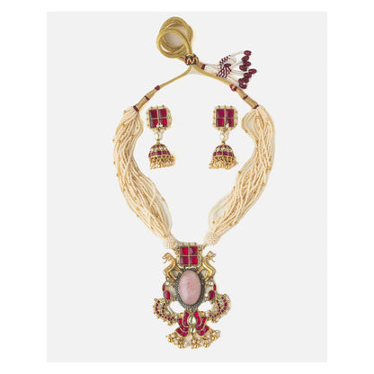 VIVINIA By Vidhi Mehra Gold Plated Red Womens Long Necklace Set With Earrings