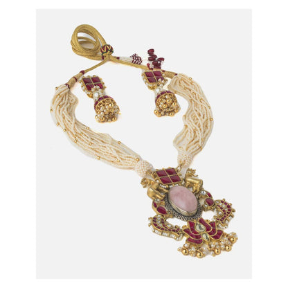 VIVINIA By Vidhi Mehra Gold Plated Red Womens Long Necklace Set With Earrings