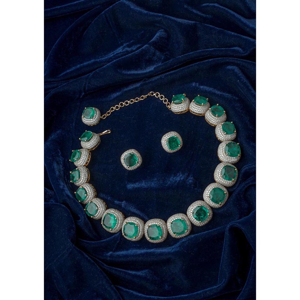 VIVINIA By Vidhi Mehra Silver Plated Green Womens Synthetic Stone Choker Necklace Set