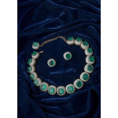 VIVINIA By Vidhi Mehra Silver Plated Green Womens Synthetic Stone Choker Necklace Set