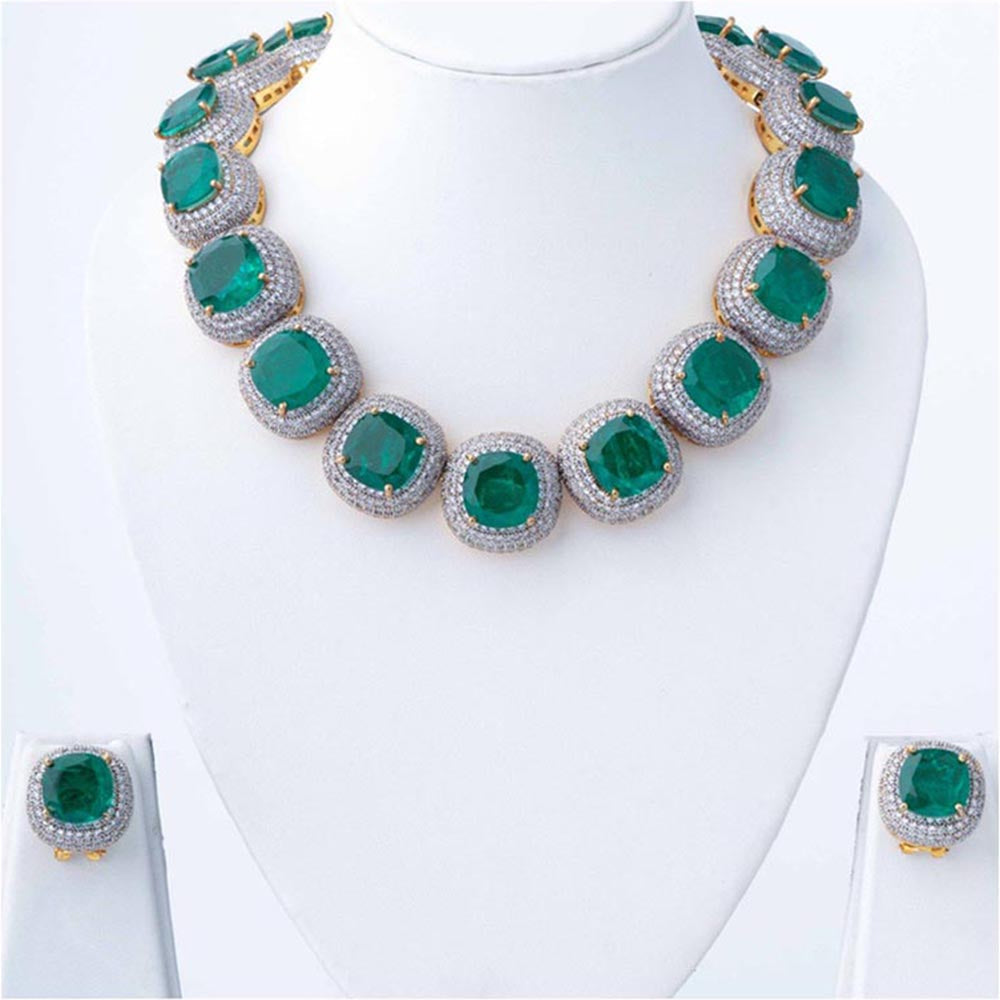 VIVINIA By Vidhi Mehra Silver Plated Green Womens Synthetic Stone Choker Necklace Set