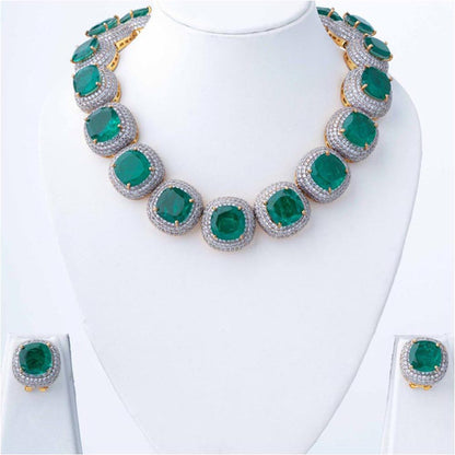 VIVINIA By Vidhi Mehra Silver Plated Green Womens Synthetic Stone Choker Necklace Set