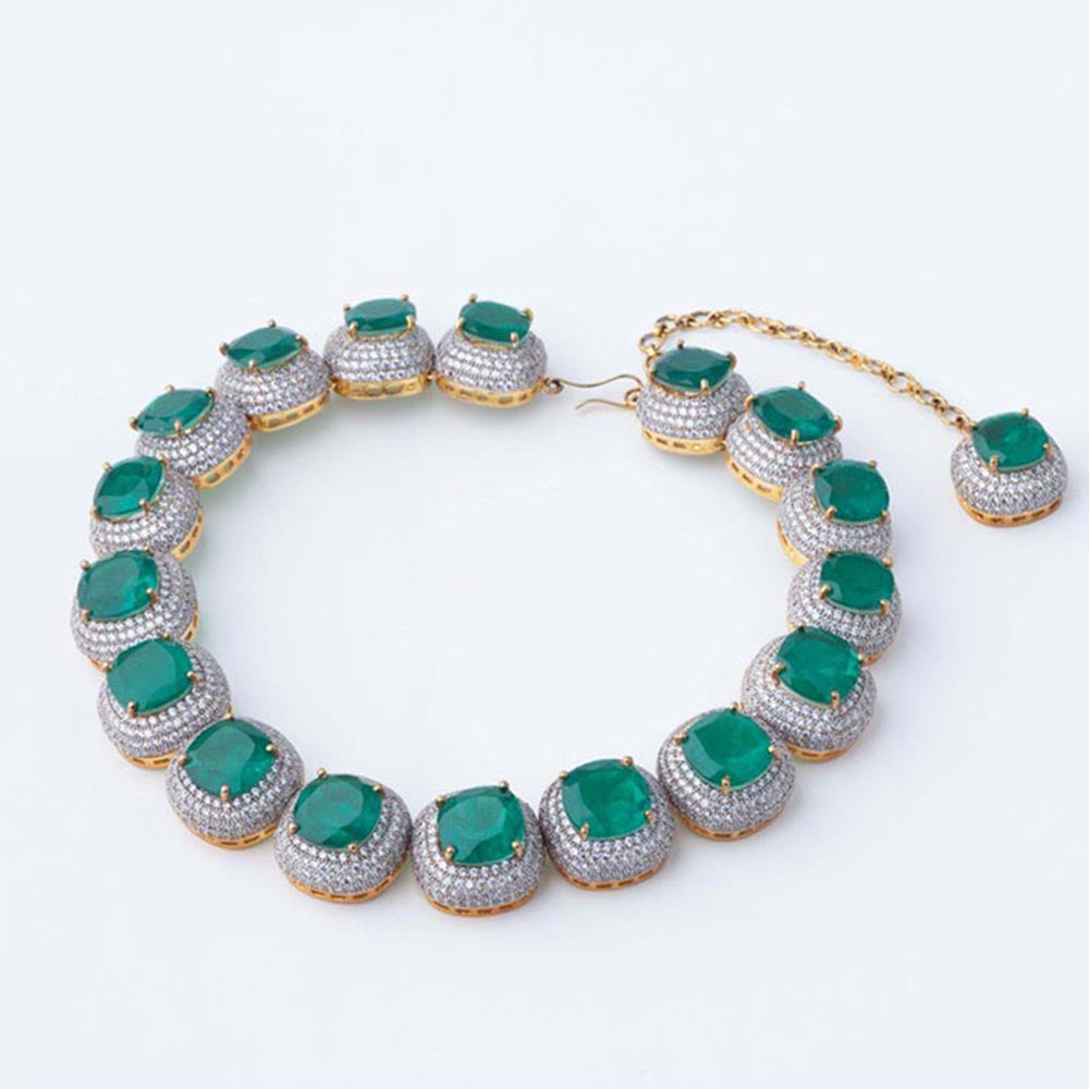 VIVINIA By Vidhi Mehra Silver Plated Green Womens Synthetic Stone Choker Necklace Set