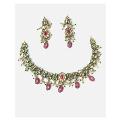 VIVINIA By Vidhi Mehra Gold Plated Pink Womens Kundan Short Necklace Set With Earrings