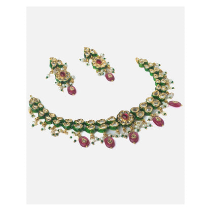 VIVINIA By Vidhi Mehra Gold Plated Pink Womens Kundan Short Necklace Set With Earrings